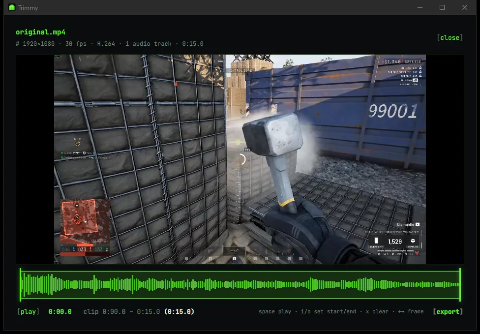 Trimmy with a gameplay clip open: the video, a green audio waveform with the start and end handles, and the play and export buttons.